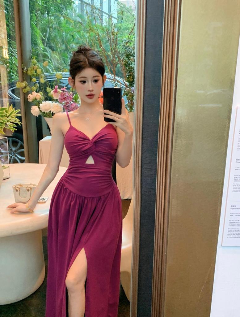 Summer new suspender skirt pure desire wind careful machine hollow chic photo vacation Muse dress purple skirt