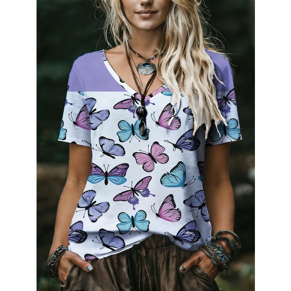 Fashionable Comfortable Oversized Breathable Women's V-neck T-shirt Colorful Creative 3D Pattern Summer Short Sleeved T-shirt