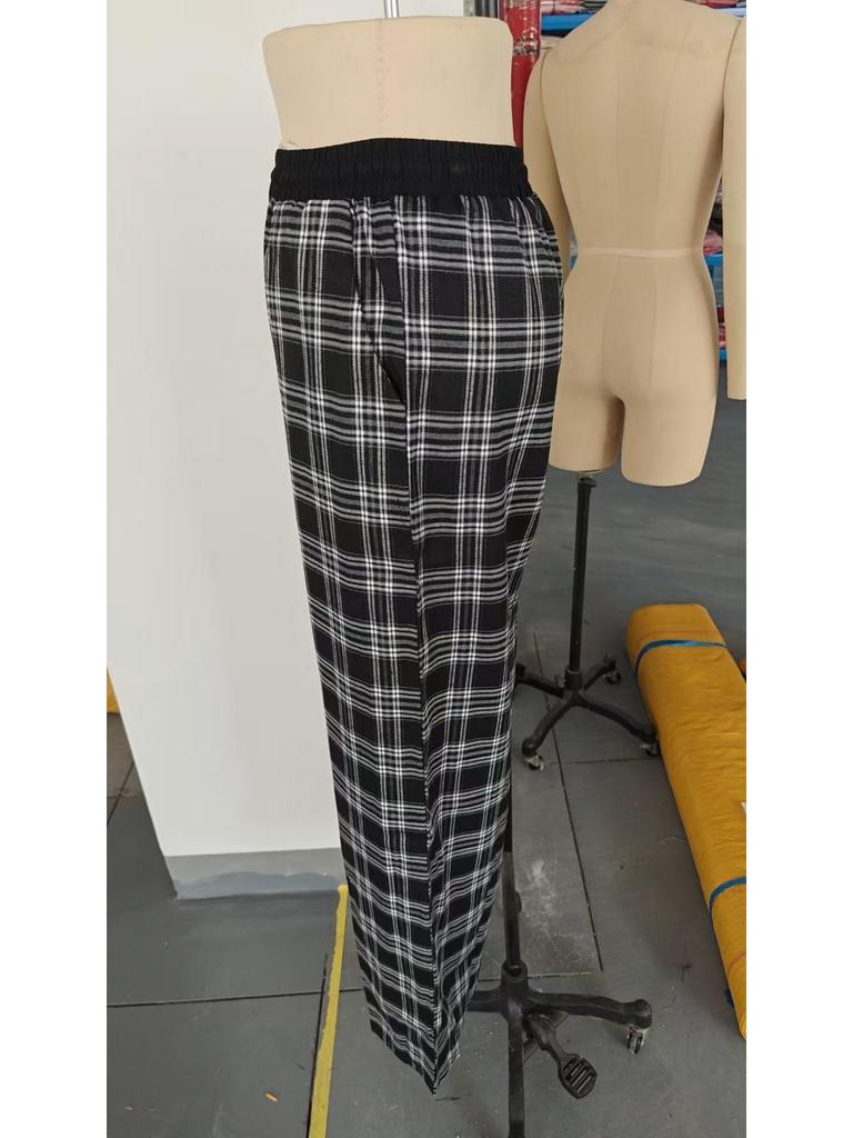 Plaid Patchwork High Waist Casual Sports Pants - Loose Lazy Style Straight Leg