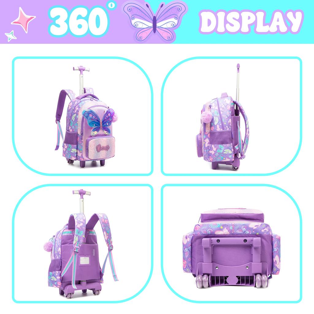 Mädchen Rollrucksack mit Rädern für Kinder Schulkoffer Roller Rucksack Handgepäck Reisegepäck mit Brotdose und Federmäppchen für Mädchen im Alter von 5-12 Jahren