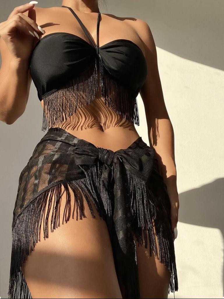 2025 European & American Tassel Mesh Bandeau Halter Three-Piece Bikini Swimsuit