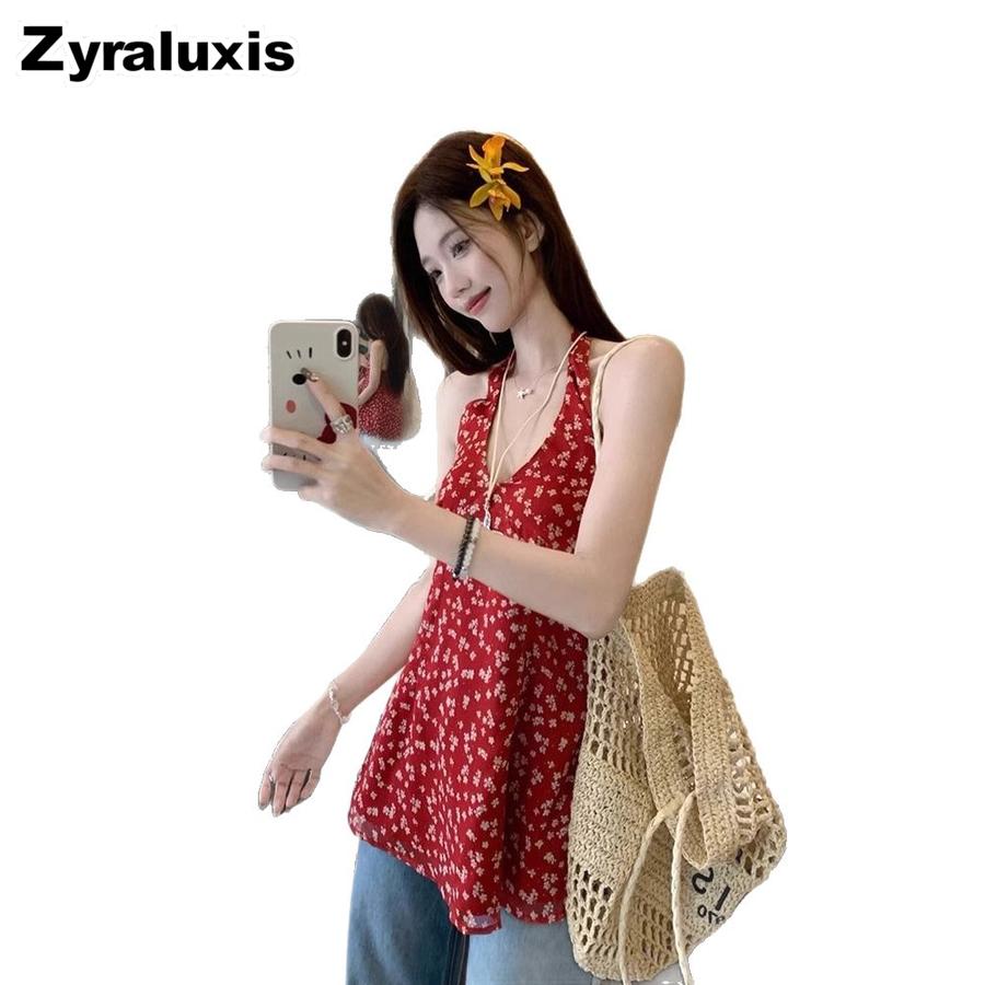 Sweet & Spicy Red Floral V-Neck Vest Dress Summer New Style Waist Slimming Layered A-Line Short Skirt Women