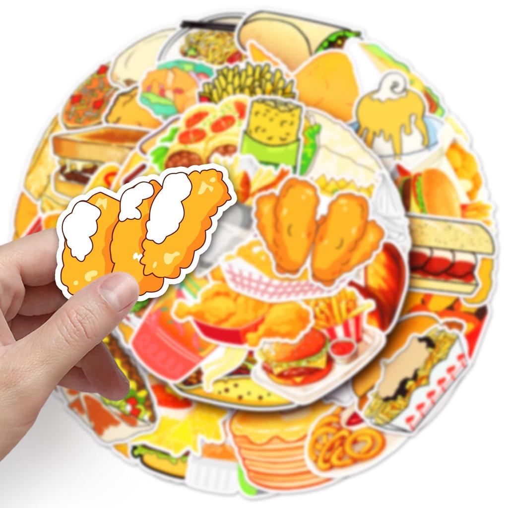 50pcs Cartoon Fast Food Stickers: Fried Chicken, Burger, Foodie Graffiti, Waterproof for Decoration, Fridge, Journal