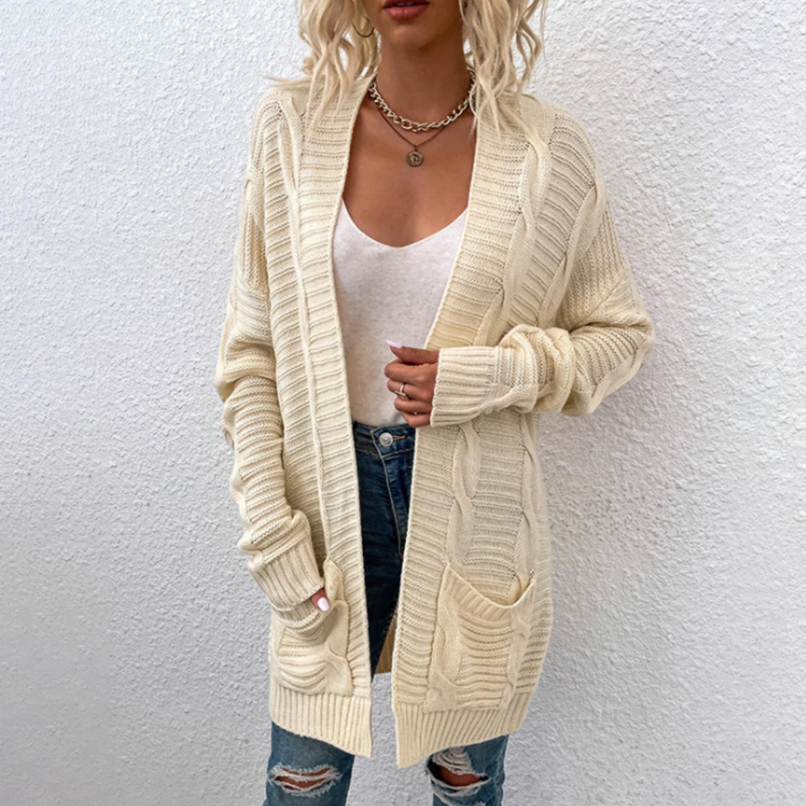 

Fashionable Women s Knitted Cable Cardigan Sweater Mid-length Twisted Rope Cardigan Coat L