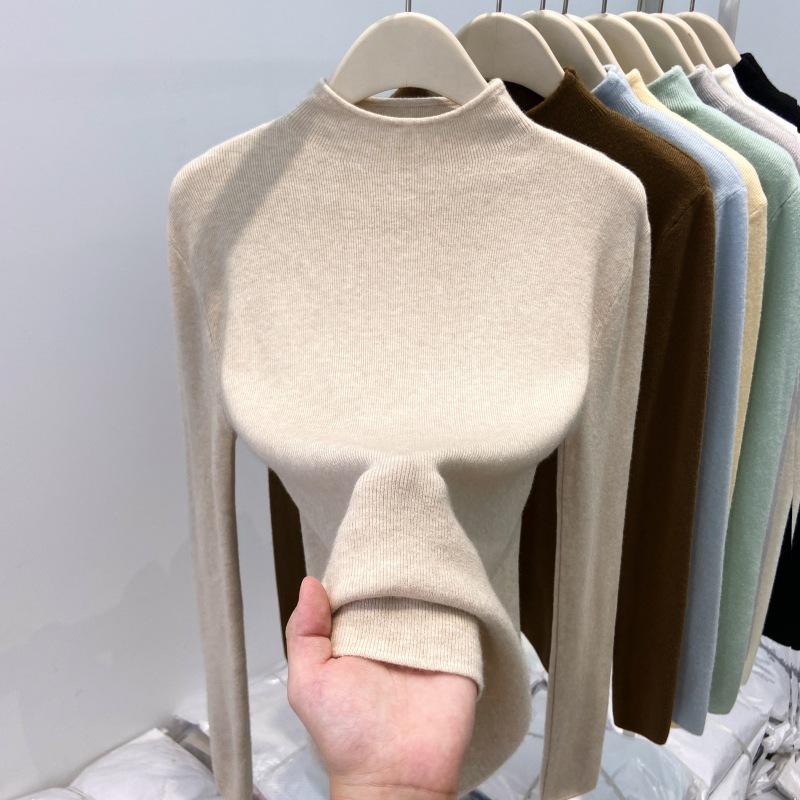 Simple Solid Color Small Stand-up Collar Milk Fufu Versatile Knitted Sweater Spring Soft Waxy Bottoming Shirt Women's Inner Top