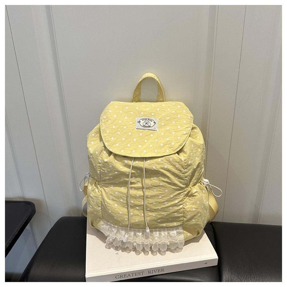 Korean Style Polka Dot Backpack Large Capacity Lace Trimmed Drawstring Backpack Drawstring Closure Flip Design School Daypack