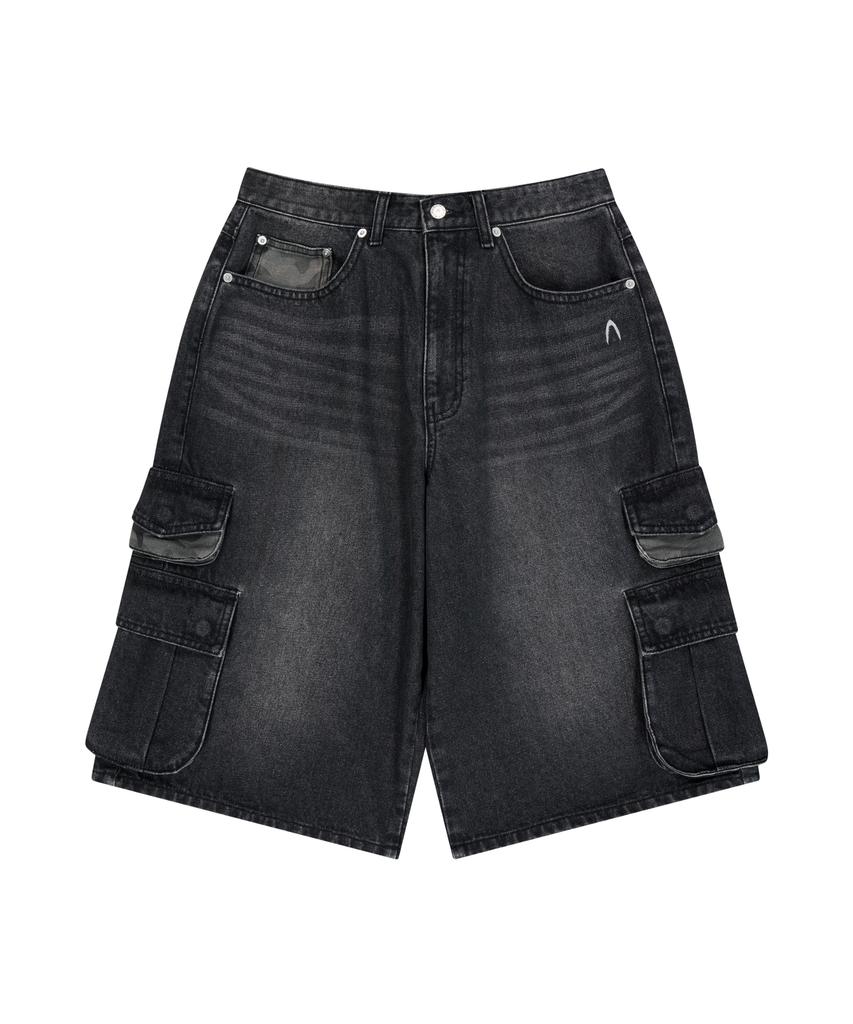 AAKAM Camo Patch Bermuda Denim Cargo Pants (Black)