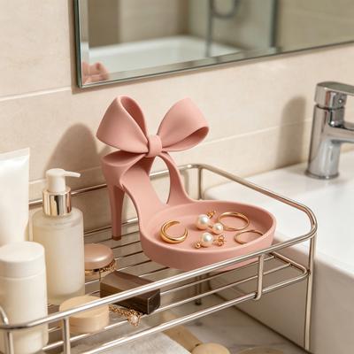 High Heels Jewelry Tray Pink Shoe Shaped Trinket Dish for Rings Earrings Necklaces Decorative Bowknot Desk Vanity Organizer for Women