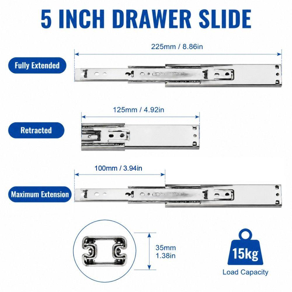 4pcs 5in Mini Drawer Slides Silver Soft Close Drawer Runners Full Extension Drawer Rails Wardrobes