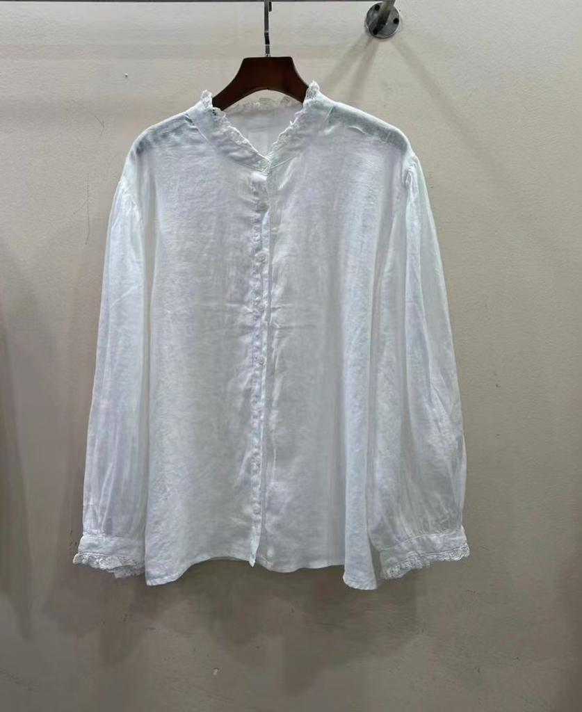 1116 Spring New Women's Round Neck Japanese Linen Top Shirt Loose Shirt Come and Go Sewing Retro Style Long Sleeves