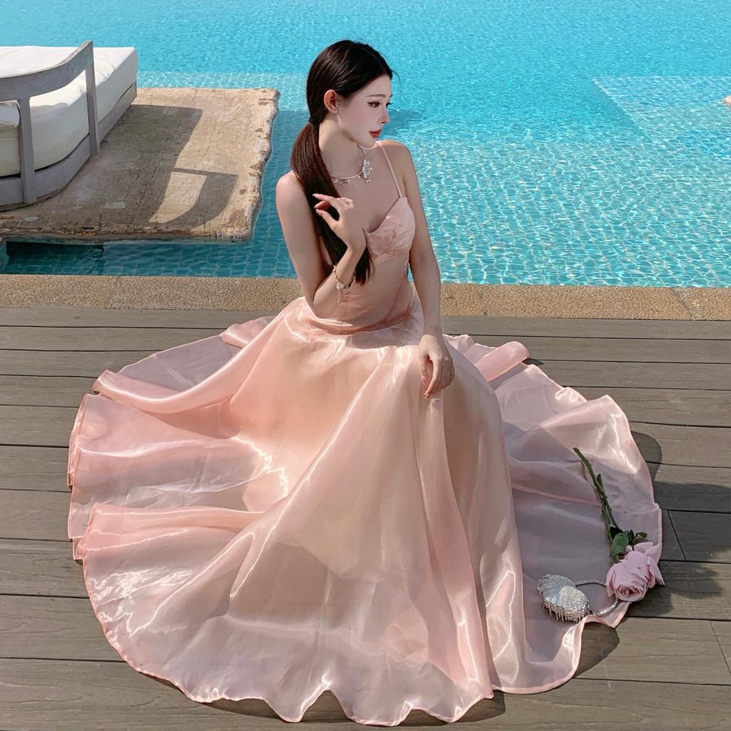 French Sweet Pink Suspender Dress, High-end Gloss Waist Birthday Dress, Beautiful Skirt by the Sea