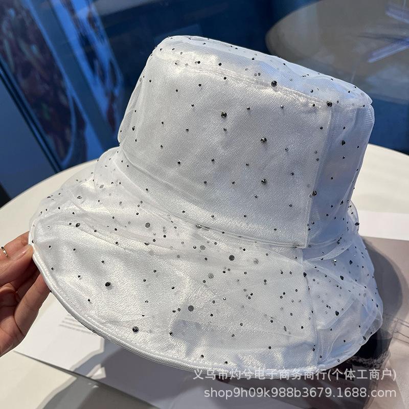 Spring and Summer New Women's Full Diamond Decoration Big Head Circumference Mesh Gauze Hat Fashionable and Casual Versatile Face Small Bucket Hat