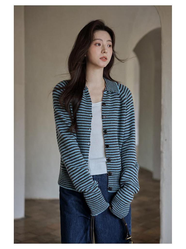 Korean Style Striped Long Sleeve Knitted Cardigan - Petite Unique Exquisite Autumn 2025 Collection