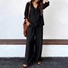 Women's Two-Piece -color Cotton And Linen Long-sleeved V-neck Top Straight-leg Casual Trousers Set
