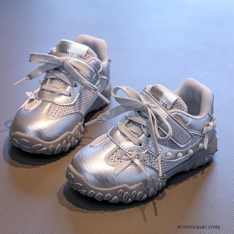 

Girls Shoes Child Daddy Sneakers with Bow-ties Super Nice School Training Shoes Leisure Beaded Running Shoes Girl I10075 26 серебряный