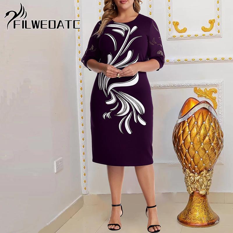 

Платье с круглым вырезом и офсетной печатью Hot Diamond 4XL