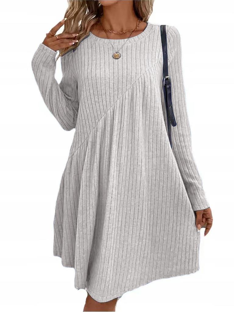Women's Long Sleeve Knit A-Line Dress with Vertical Stripes