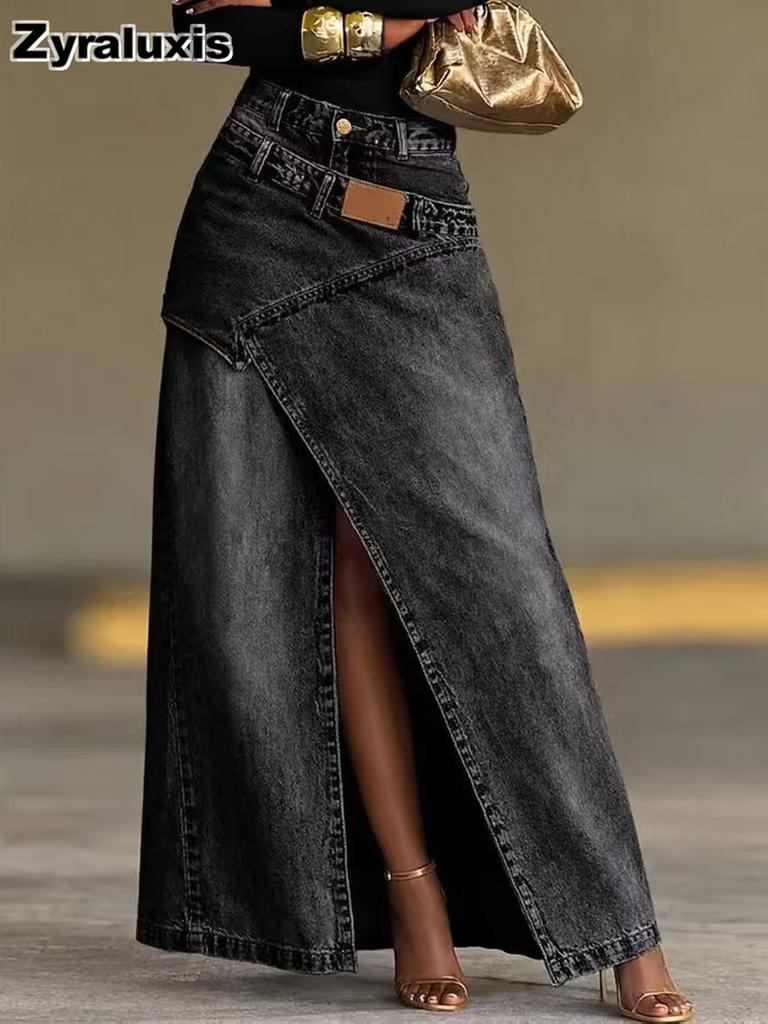 Neues Design Patchwork Lagen-Wasch-Denim-Hose Langer Rock Damen