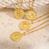 Stainless Steel Zodiac Constellation Necklace for Women, Amulet Round Coin Pendant Vintage Jewelry Birthday Gift