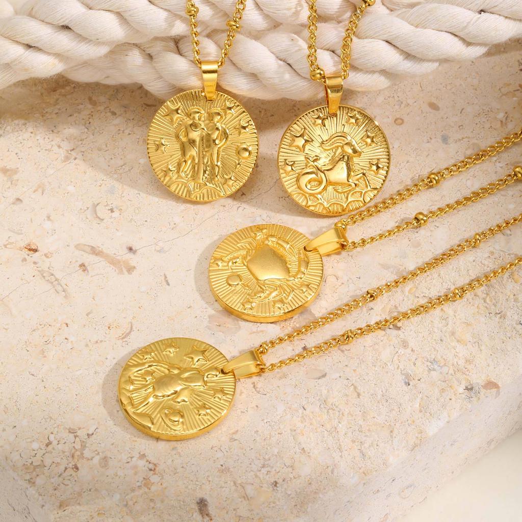 Stainless Steel Zodiac Constellation Necklace for Women, Amulet Round Coin Pendant Vintage Jewelry Birthday Gift