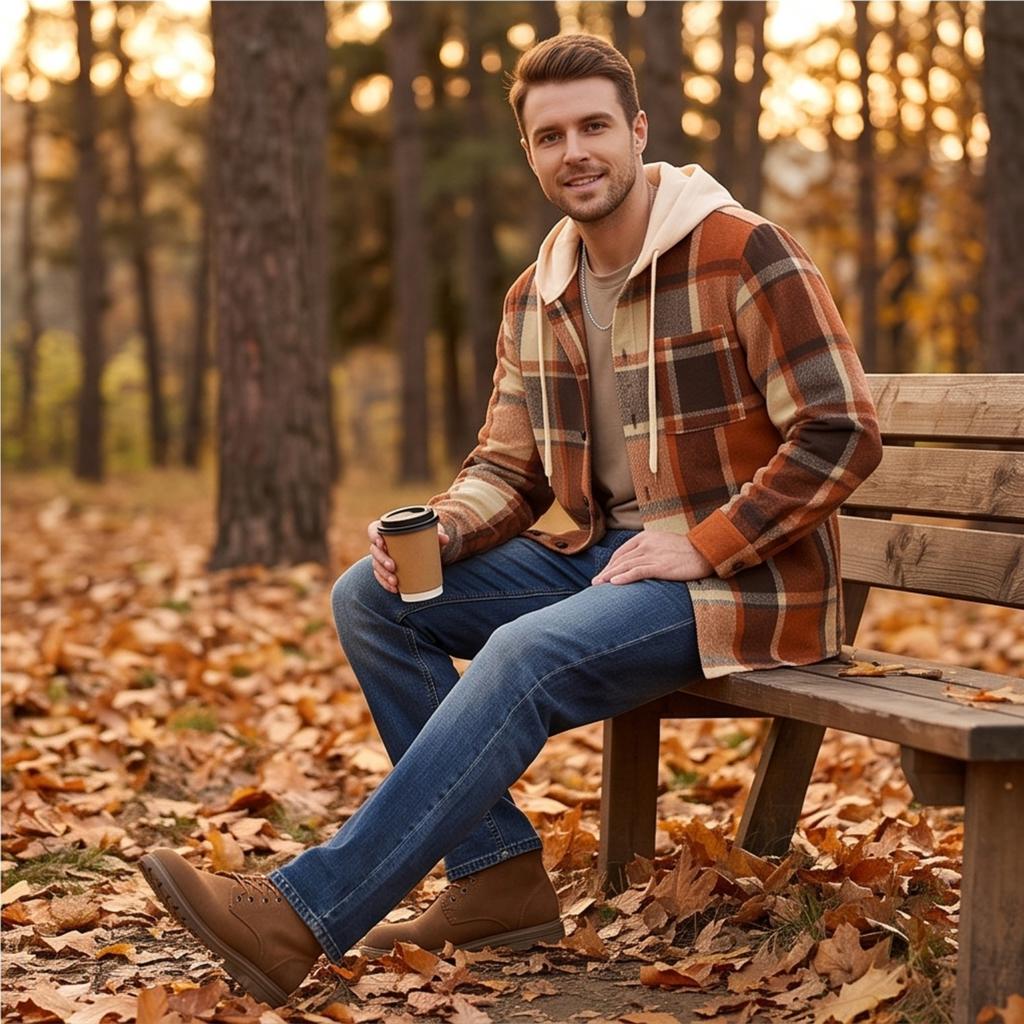 Men's Hooded Plaid Shirt Casual Loose Fit Jacket for Fall and Winter