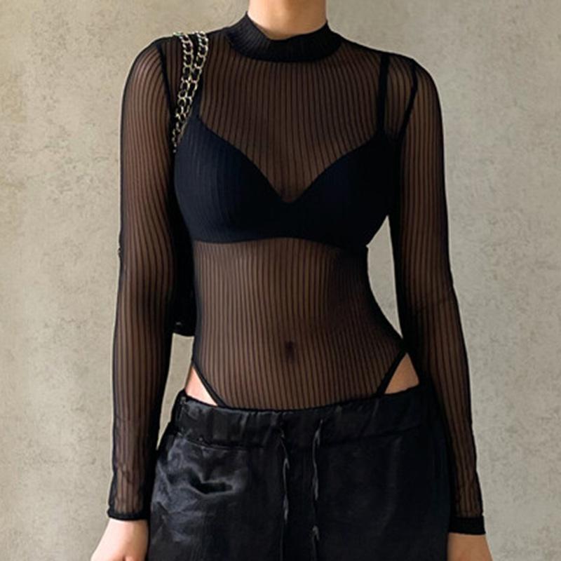 Mono Sexy con perspectiva de malla y espalda descubierta para mujer, blusa de manga larga con cuello redondo, Top de verano 2022