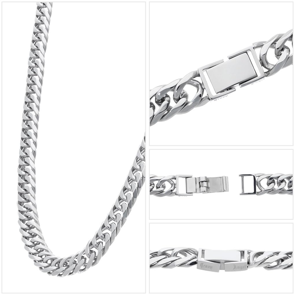 [Shinjuku Gin no Kura] Crazy Angel Men's Curb Chain, 6-Sided Double Curb Chain, 8mm Wide, 50cm, Surgical Stainless Steel