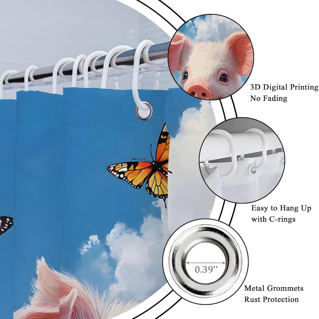 Prase Sprchový závěs Roztomilé hospodářské zvíře Akvarelový Květinový Zelené listy Plot Statek Polní květina Koupelnová dekorace Závěsy s