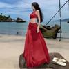 Slash Shoulder Sleeveless Red Dress Women's Summer Design Sense Hollow Split a Word Skirt Seaside Vacation Style Long Dress