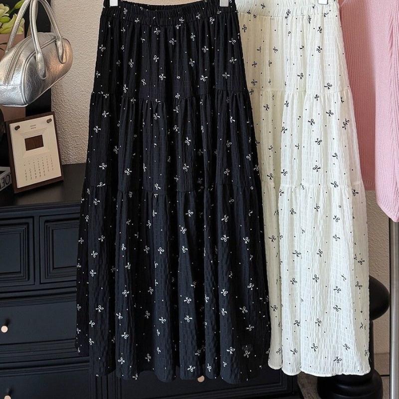 Women's Summer Bowknot Floral Chiffon High-Waist Tiered Cake Midi Skirt - Vintage Textured A-Line with Fresh Fairy Aesthetic
