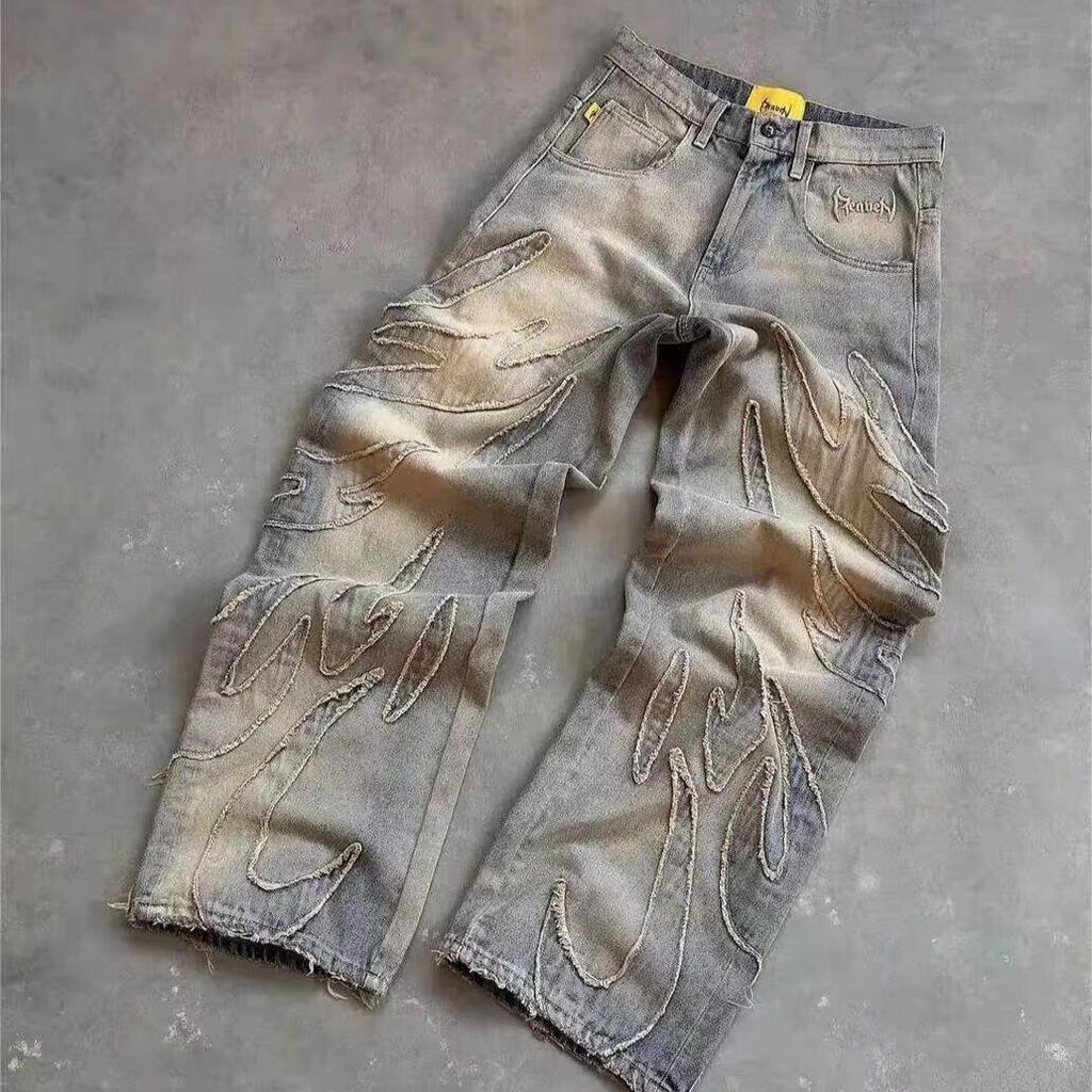 Amerikanische Retro Jeans mit Stickerei-Patchwork, gerade geschnitten