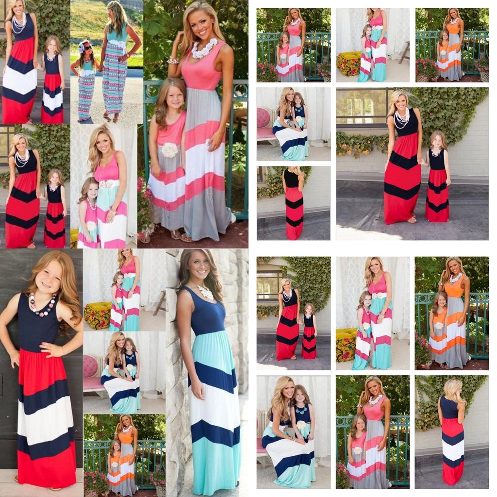 Oszałamiająca Sukienka Maxi w Pasy Niebiesko-Czerwone Color-blocking dla Kobiet i Dzieci
