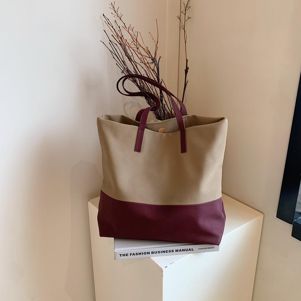 Neue Große Kapazität Mode Farbe Kontrastierender Stoffbeutel Segeltuchbeutel Einzelne Schulter Handgehaltene Damen Tasche Lässige Tragetasche