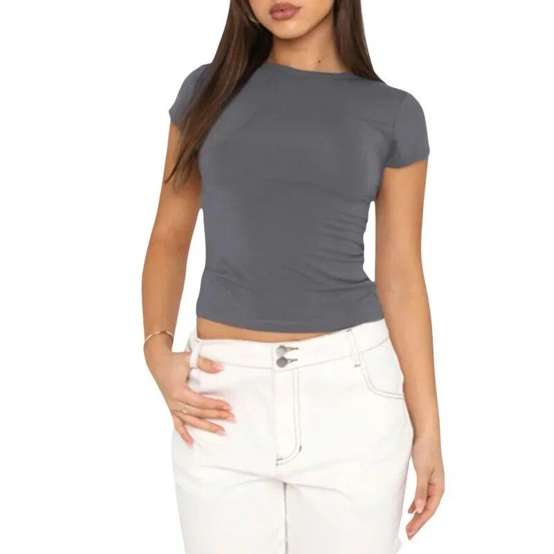 Letní tričko s krátkým rukávem, slim fit, ležérní, dámské topy, módní, jednobarevné, elegantní dámská trička, streetwear, s kulatým výstřihem, základní tričko 30423