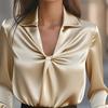 Women Shirt Lapel V-neck Knot Pleated Design Long Sleeve Pullover Tops Pure Color Smooth Satin Casual Tops Daily Wear
