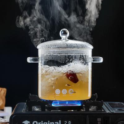 Casserole à soupe en verre borosilicaté élevé chauffée sur feu direct, casserole en verre binaurale avec couvercle