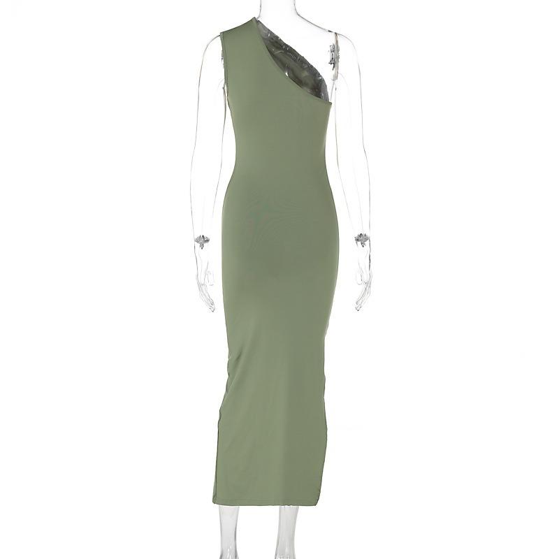 Women European Style One Shoulder Solid Color Slit Sleeveless High Waist Slim Sexy Long Dress