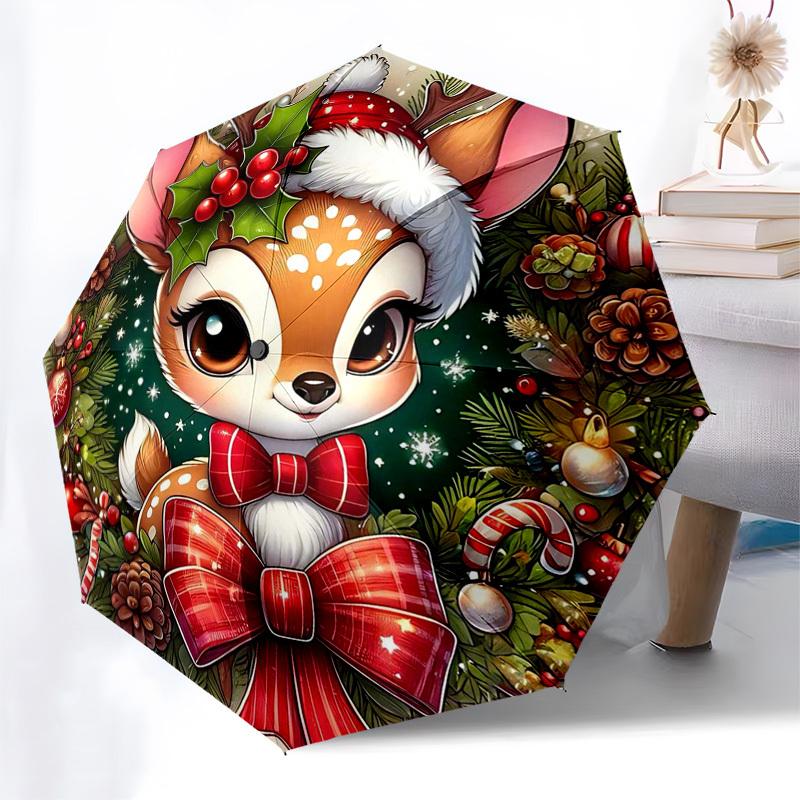

1pc Christmas Deer Automatic Folding Umbrella - Portable 3-Fold Design with 8-Bone Iron Frame, Perfect for Outdoor Use, Festive Gift, Suitable for Fan
