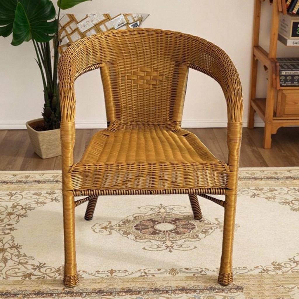 Rattan Woven Outdoor Chair with Armrest and Backrest for Balcony or Garden - Sun Protection and Comfortable Seating for Elderly.