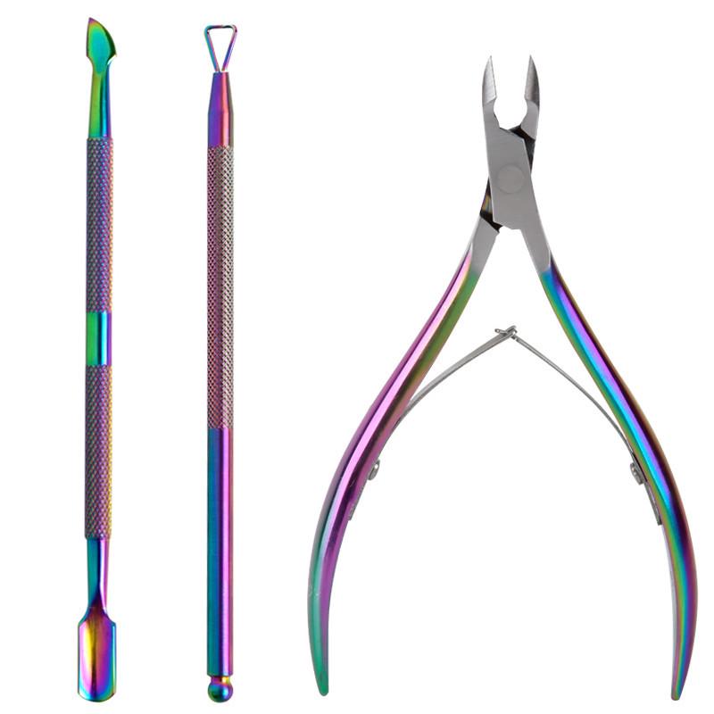 Iridescent Nail Art Manicure Set: Cuticle Nipper, Nail Clippers, Steel Pusher, Cuticle Remover