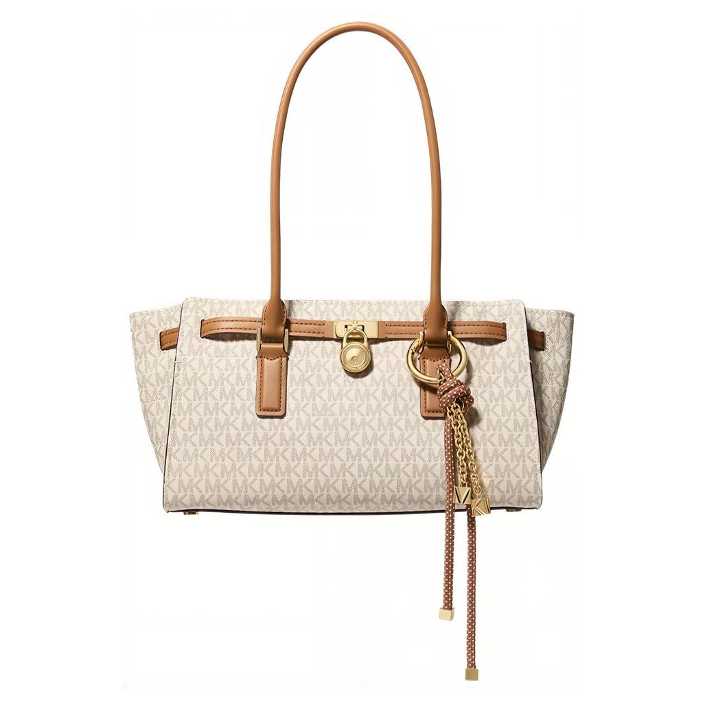 Michael Kors M K Hamilton Logo Coated Canvas Gold Lock Decoration Shoulder Bag Small Women shoulder bag Vanilla-White Acorn-Brown 30F5GNXT0B-1546