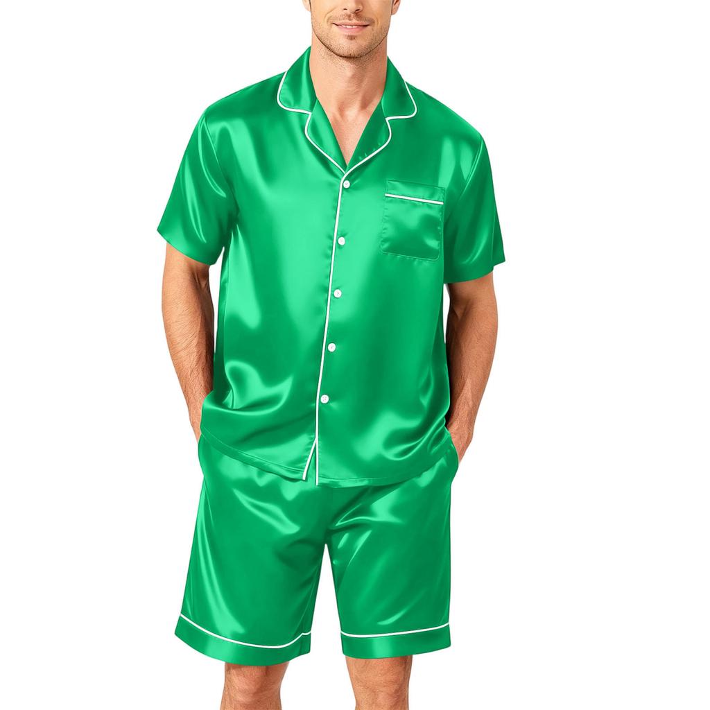Men's Short Sleeve Pajama Set Button Down Shirt with Curved Hem and Matching Shorts Soft Lightweight Lounge Sleepwear S-XXXXL