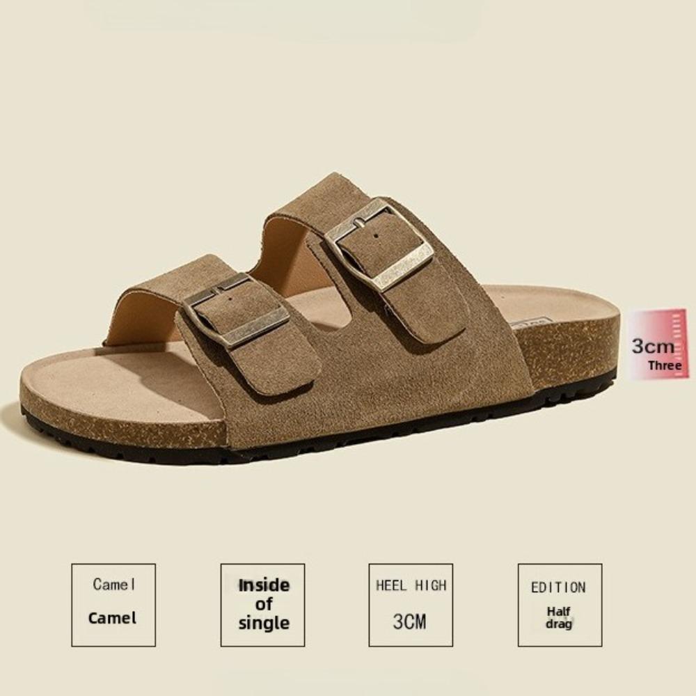 Women Cork Footbed Slippers Summer Couple Adjustable Double Buckles Flat Sandals Outdoor Cork Beach Slides With Open Toe 36