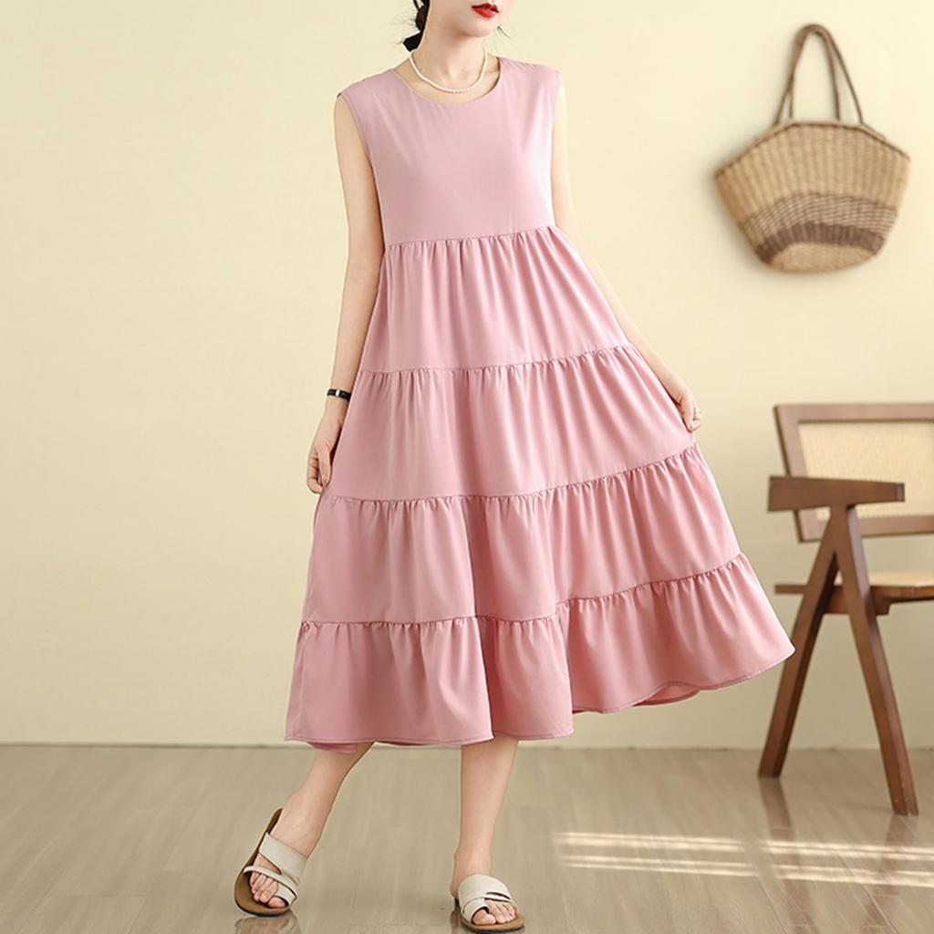 Sleeveless Long Dress with Contrast Summer Loose Perfect for Everyday and Autumn [MSFQSNB] Women's Pattern, Dress, Figure-Flattering, Cool, Fit,