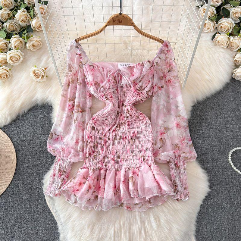 

Early Autumn Elegant Chiffon Floral Dress Long Sleeve French Style Retro Sweet Lotus Leaf Fishtail Dress Short Hip Skirt Pink S