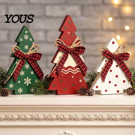 Rustic Christmas Tree Tabletop Ornaments 3Pcs Wooden with Plaid and Hemp Rope Bow, Farmhouse Indoor Decorations for Fireplace Polka Dot Xmas