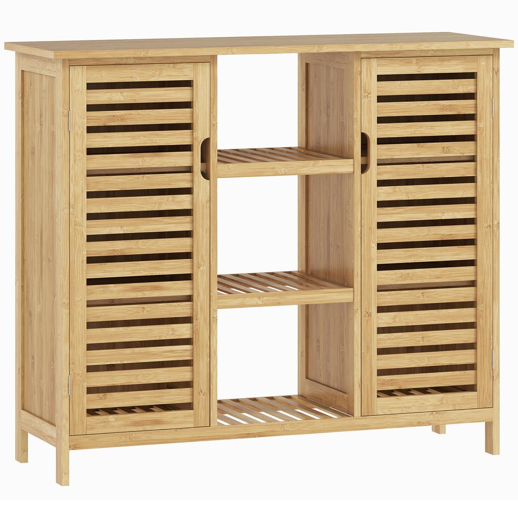 Bamboo Slatted Shoe Storage Cabinet, 2 Doors, Shelves, Open Compartments, 100x33x86cm, Natural