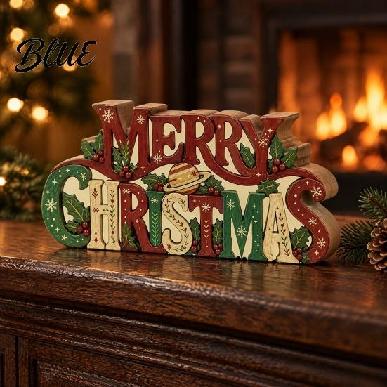 Decorative Holiday Signage Wooden Merry Christmas Sign 2D Flat Farmhouse Freestanding Table Centerpiece Small Keepsake Rustic Tiered Tray Decoration