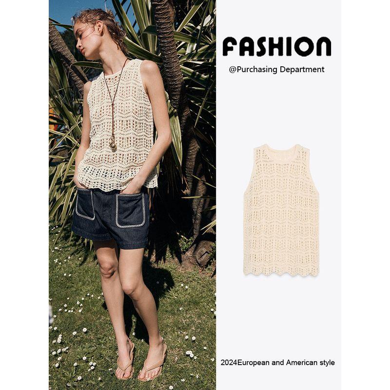 Za2025 Summer New Women Clothes Versatile Jacquard Mesh Round Neck Sleeveless Knitted Top 6771060 712