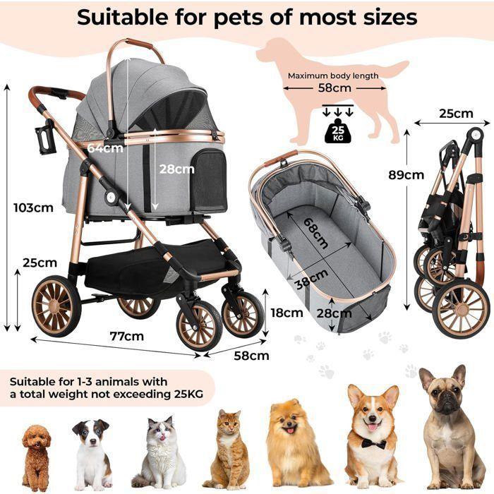 Hunde-Katzen-Kinderwagen 4-in-1 faltbar bis 25 kg, gefederte 360°-Räder, Haustiertransport, komfortabler Allround-Kinderwagen